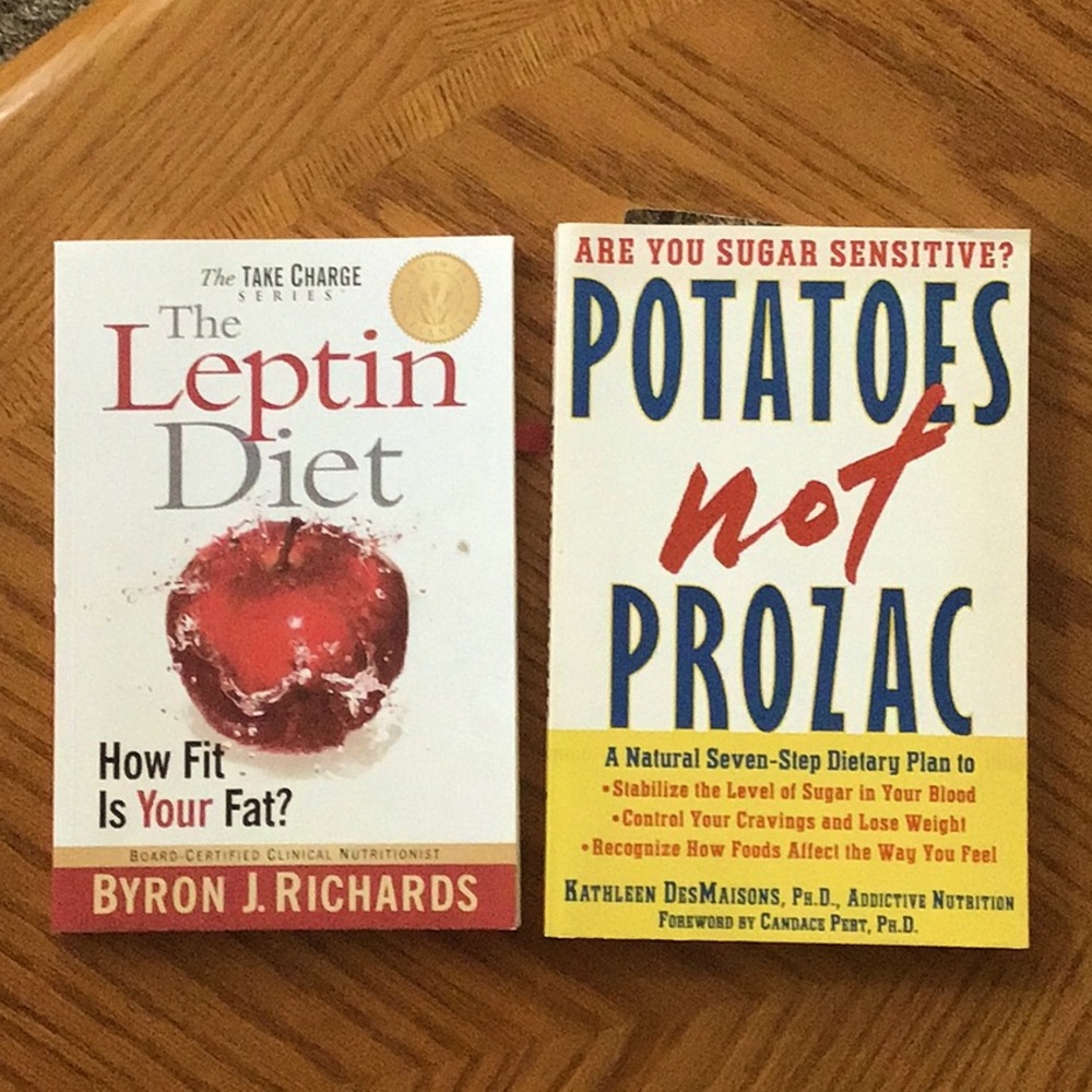 2 self help healthy living books.  The Leptin Diet and Potatoes not Prozac